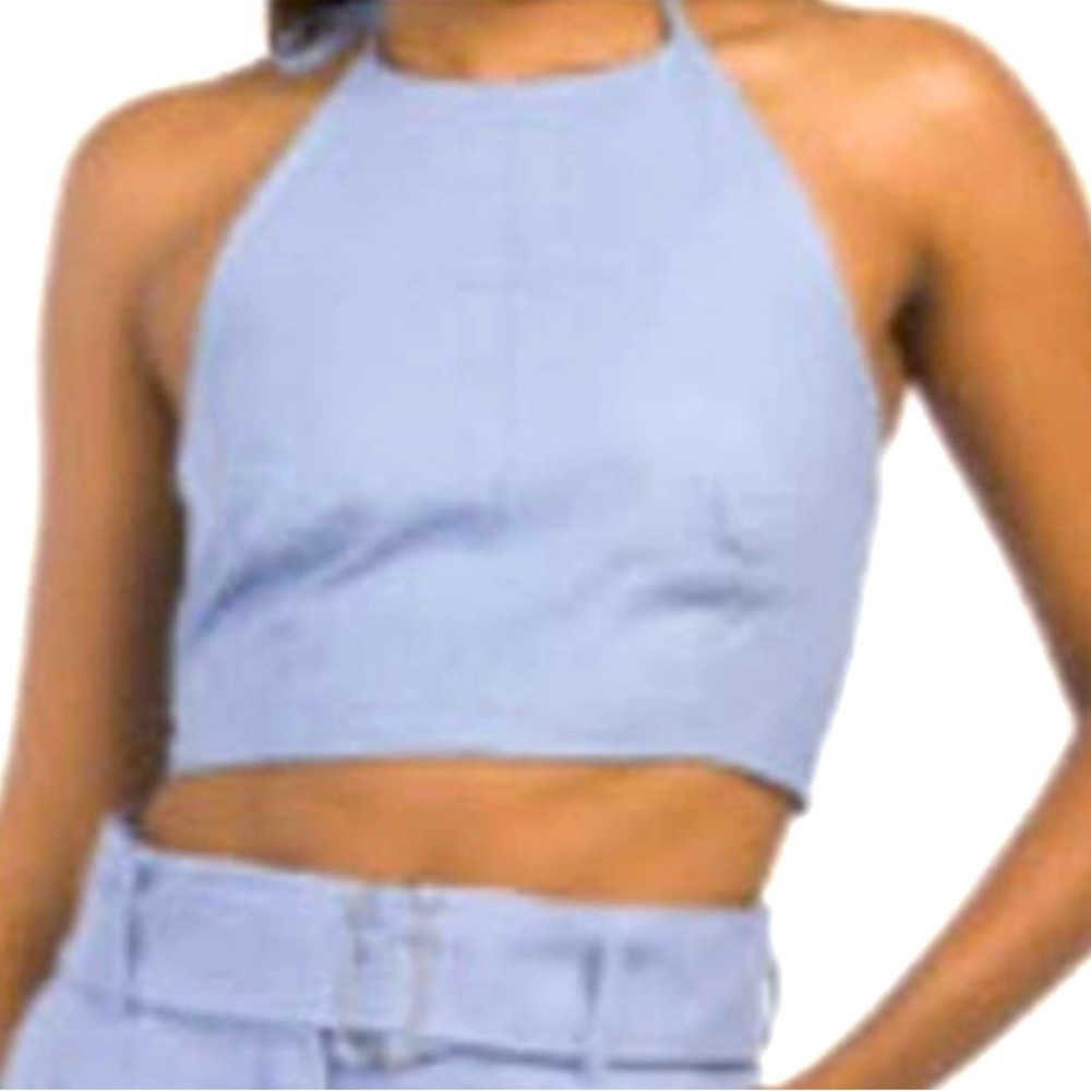 House of Harlow 1960 Linen Halter Crop Top High Tie Neck Pale Blue Womens Size 6